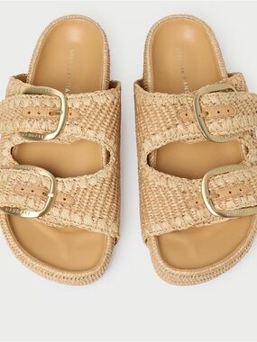 Loeffler Randall Natural Raffia Double-Buckle Slide Sandals